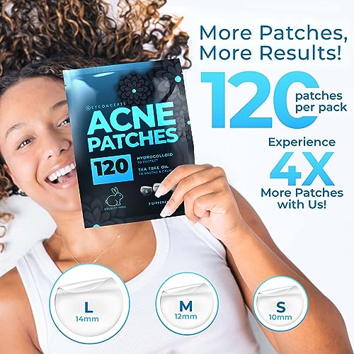 KEYCONCEPTS Acne Patches (120 Count) with Tea Tree Oil, Hydrocolloid Pimple Patches for Face - Zit Patch Acne Dots - Cystic Acne Patches - Pimple Patch with 3 Size Acne Stickers