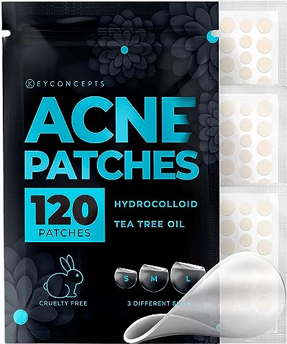 KEYCONCEPTS Acne Patches (120 Count) with Tea Tree Oil, Hydrocolloid Pimple Patches for Face - Zit Patch Acne Dots - Cystic Acne Patches - Pimple Patch with 3 Size Acne Stickers